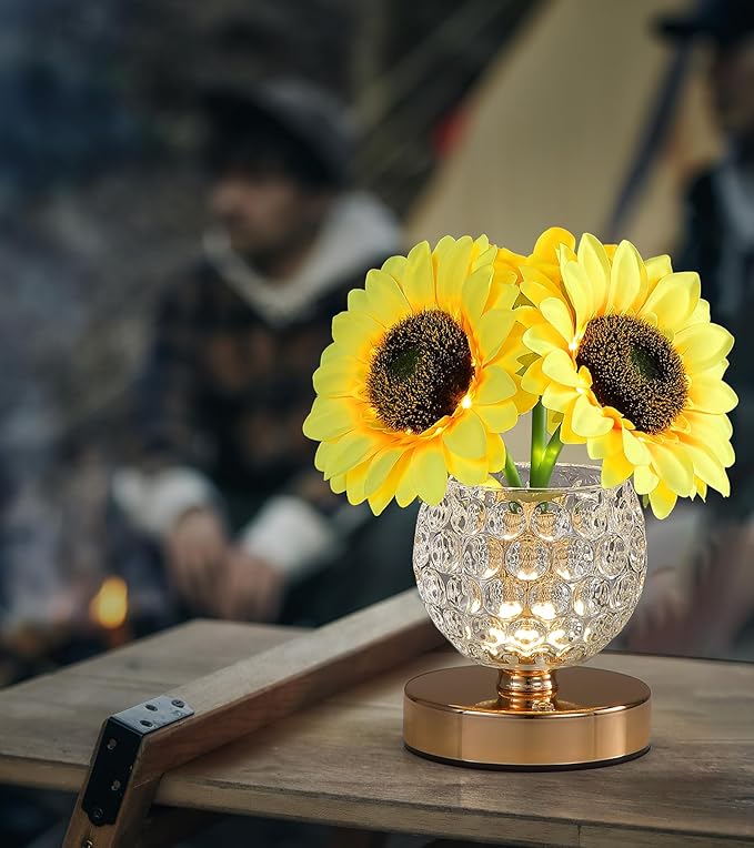 Sunflower Lamp Gifts for Women,Rechargeable Cordless Touch Lamp with 3-Colour Dimming,Crystal Vase Flower Light for Birthday Gifts,Mother's Day for Mom,Christmas,Home Decor,Bedroom