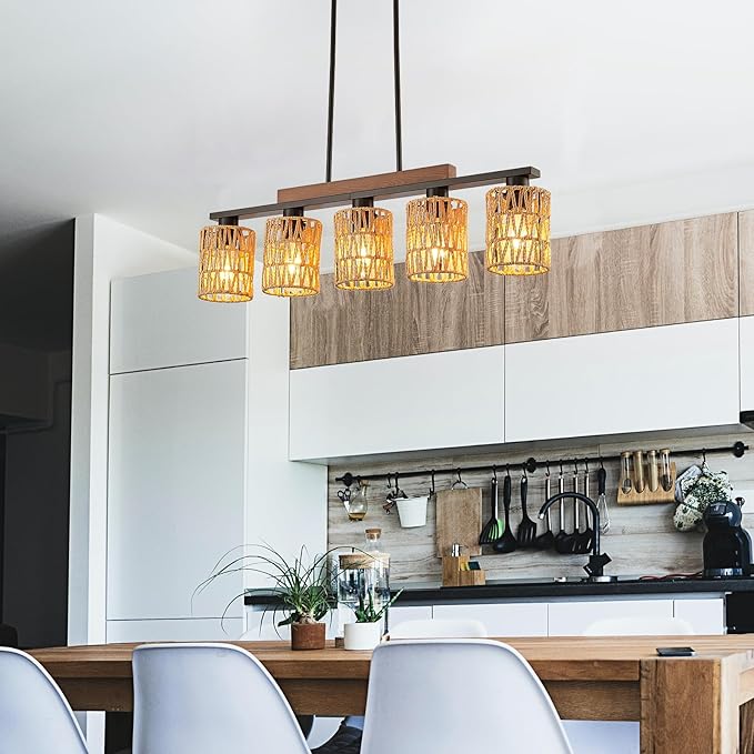Boho Dining Room Light Fixture, 5-Light Rattan Chandelier, Farmhouse Woven Large Coastal Wicker Wood Bamboo Bohemian Rustic Rectangle Black Linear Pendant Lights Over Table for Kitchen Island