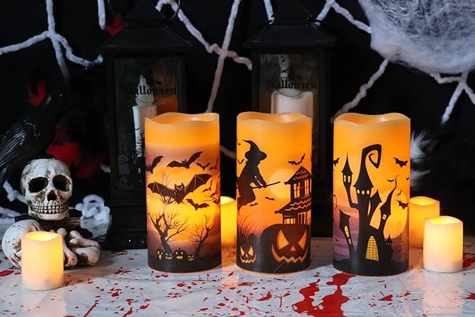 DRomance Flameless Candles Battery Operated with 6 Hour Timer, Halloween Decals Real Wax LED Flickering Pillar Candles Set of 3 Indoor Halloween Window Table Decor(3 x 6 Inches)