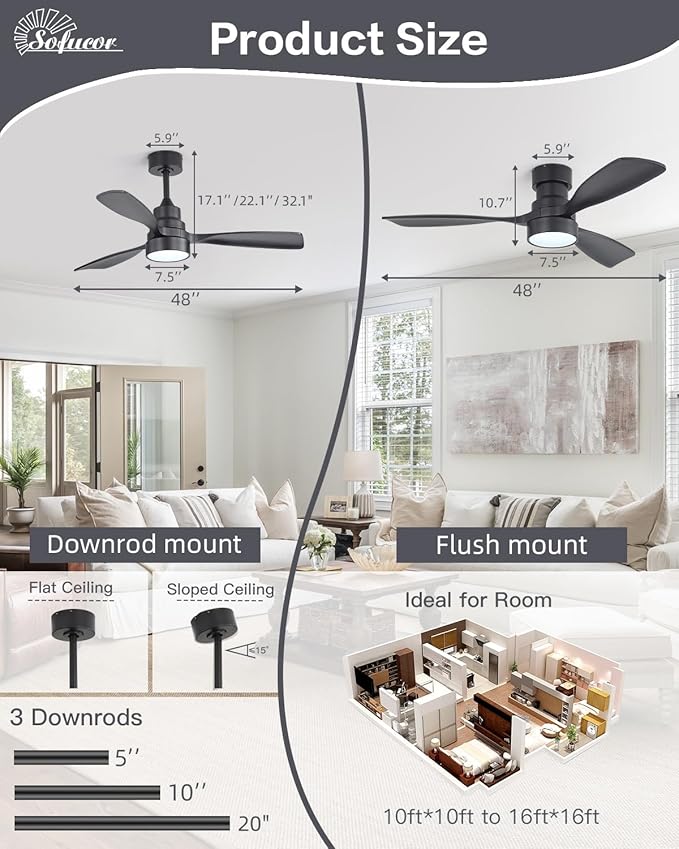 Sofucor 48 Inch Ceiling Fans with Lights and Remote Control-Modern Flush Mount & Downrod Mount Ceiling Fan for Bedroom Living Room Indoor Outdoor Farmhouse Patio, Timer Quiet DC Motor, Black&Walnut