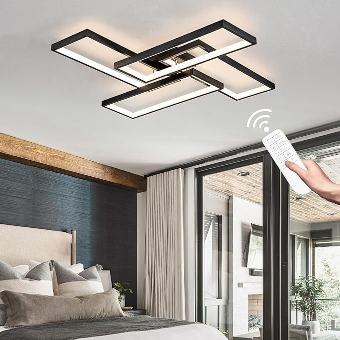Modern LED Ceiling Lights for Bedroom 26" Dimmable Square Ceiling Lights for Living Room with Remote Control Black Bedroom Light Fixture for Kitchen,Bathroom,Balcony