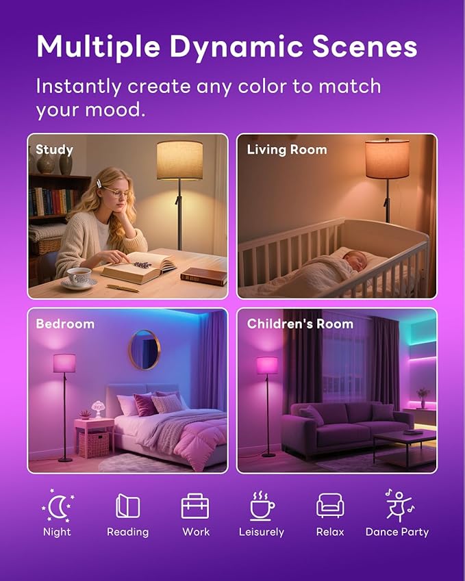 Floor Lamp for Living Room with RGBCW Color Changing Bulbs Dimmable, Adjustable Height Standing Lamp with Remote Control, 10W 1200 Lumen, Tall Lamp for Living Room, Bedroom, Office, Black