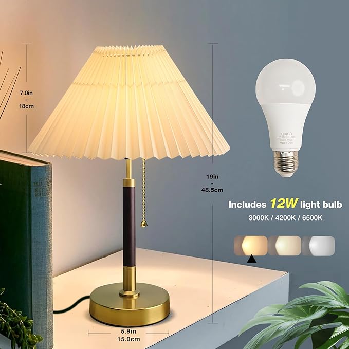 QUIGO Bedside Table Lamp for Bedroom Living Room-3 Color Temperature,Bedside Lamps for Nightstand with Linen Lampshade, Solid Wood & Brass,Modern End Table Lamp,Led Side Table Desk Lamp Vintage BW01T