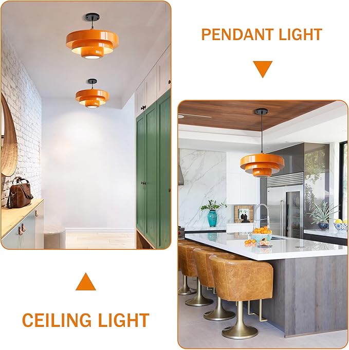 Mid Century Pendant Light Fixtures Orange Ceiling Pendant Lighting 3-Layer Metal Shade Design Vintage Hanging Light Flush Mount Light for Kitchen Island Dining Table Hallway (Orange)