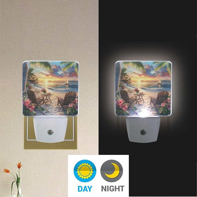Sunset Beach Night Light 2 Pack Dusk to Dawn Sensor Led Lamp for Women Men Night Lights Plug into Wall Decor for Bedroom Kitchen Corridor, 0.5W