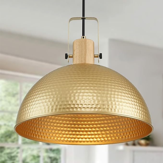 16 Inch Gold Pendant Lights Hammered Matte Pendant Lights for Kitchen Island Industrial Farmhouse Adjustable Height Dome Hanging Light Fixtures for Barn, Dining Room 1 Pack