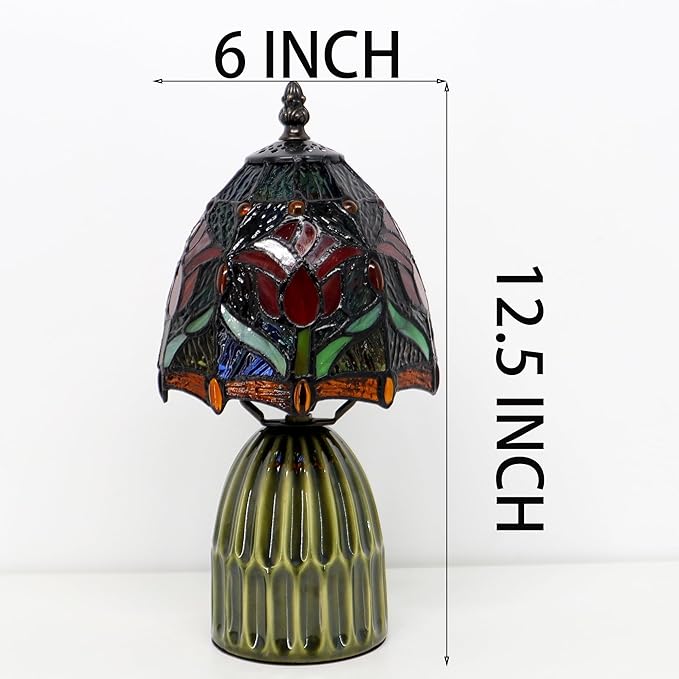 Tiffany Lamp Stained Glass Mushroom Table Lamps 6X6X12.5 Inch Red Tulip Style Small Night Light Ceramic Base Mini Accent Desk Light Suitable for Bedside Table Bedroom Children Room