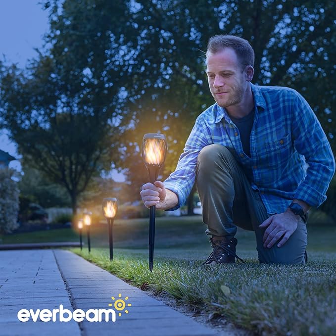 Everbeam P2 Solar Flickering Flame Torch Light - Automatic IP65 Waterproof Solar Tiki Lights with A Stunning Realistic Flame & Distinctive Lampshade - Quick No Tool Installation - 2 Pack