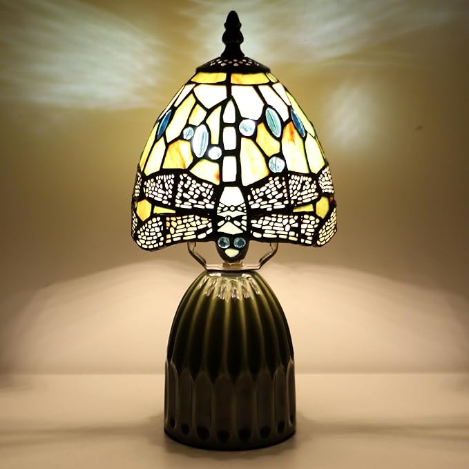 Tiffany Lamp Stained Glass Mushroom Table Lamps 6X6X12.5 Inch Amber White Dragonfly Style Small Night Light Ceramic Base Mini Accent Desk Light Suitable for Bedside Table Bedroom Children Room