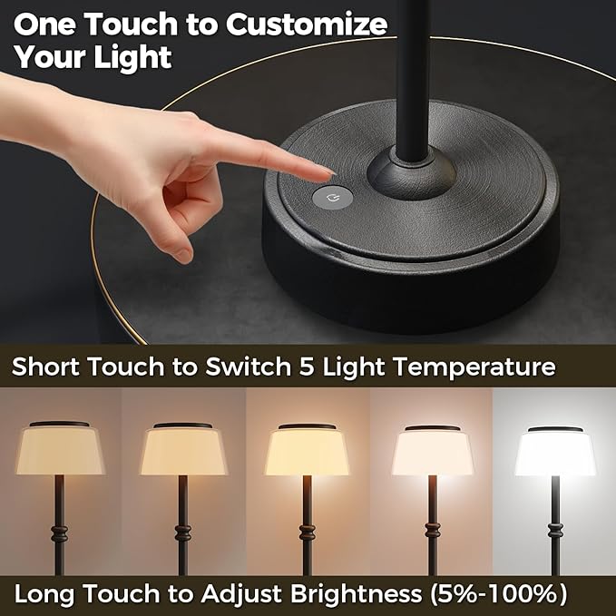 LED Cordless Lamp, 5 Colors Stepless Dimming Table Lamp, Built-in 4400mAh Rechargeable Battery with USB Charging Port, Portable Touch Bedside Light for Patio, Restaurant, Dining(1, Black)