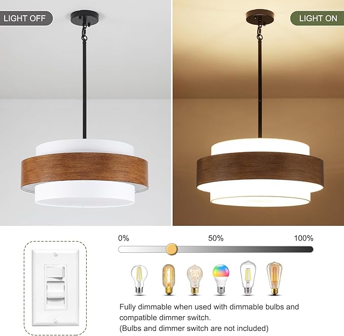 19.7'' Farmhouse Chandelier, 5-Light Drum Chandelier Round Pendant Light Fixture with Fabric Shade, Wood Grain Rustic Chandeliers for Dining Room Bedroom Living Room Foyer Entryway
