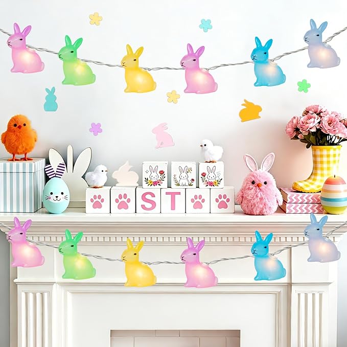 Couah 8.5Ft Multicolor Easter Lights with 10 LED Bunny Lights Plug in Easter String Lights Waterproof for Home Indoor Outdoor Garden Spring Party Easter Decorations