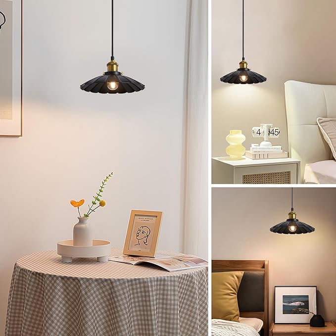 Plug in Hanging Light, Vintage Black 9.8 Inch Lampshade Plug in Pendant Light for Dining Room and Living Room, Kitchen Island Retro Hanging Lamp Fixtures