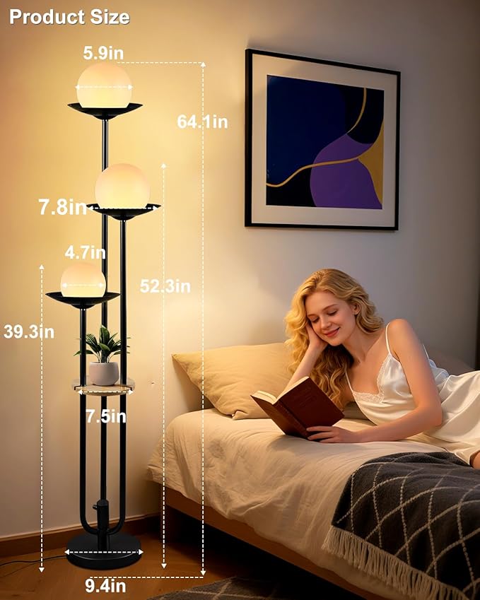 63IN Globe Floor Lamp with Table, 3-Lights Modern Dimmable Floor Lamps with 3000K Soft Warm White Bulbs for Wedding/Party, Black Tall Standing Lamp for Living Room/Bedroom