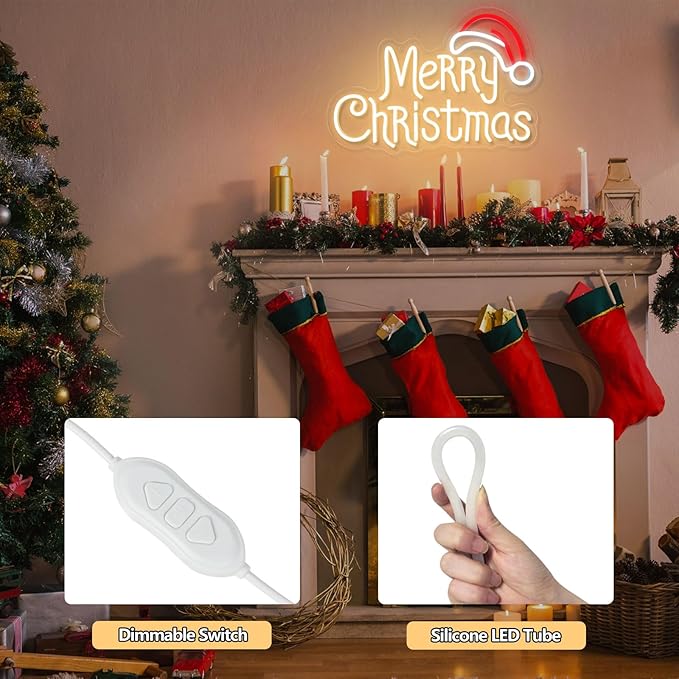 Merry Christmas Neon Signs, Warm White Christmas Neon Light with Santa Hat,USB Powered Dimmable LED xmas Lights Sign for Bedroom Home Living Room Party New Year Festival
