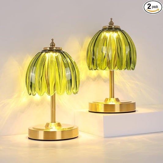 Set of 2 Tulip Table Lamp with 5200mAh Battery & Touch Control, Cordless Small Table Lamp with 3 Colors, Rechargeable Battery Operated Table Lamps for Nightstand, Bedroom (Green Tulip)
