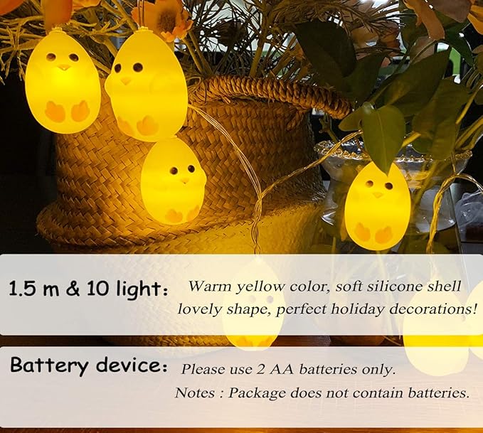 Little Yellow Chicken String Light Easter Decorations, Cute Animal Chicken Decoration Lights, Battery Operated 4.9 ft 10 LED Lights for Home Decor, Party, Birthday, Camping, Kid Bedside lamp