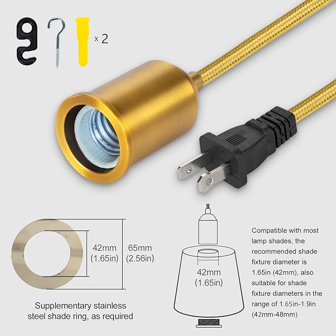 Hanging Lights with Plug in Pendant Cord Switch Golden Light Bulb Socket with Industrial Extension Rope DIY lamp Replacement Pendant Light kit Lantern Cord Porcelain Fixture Fabric Cable 15ft