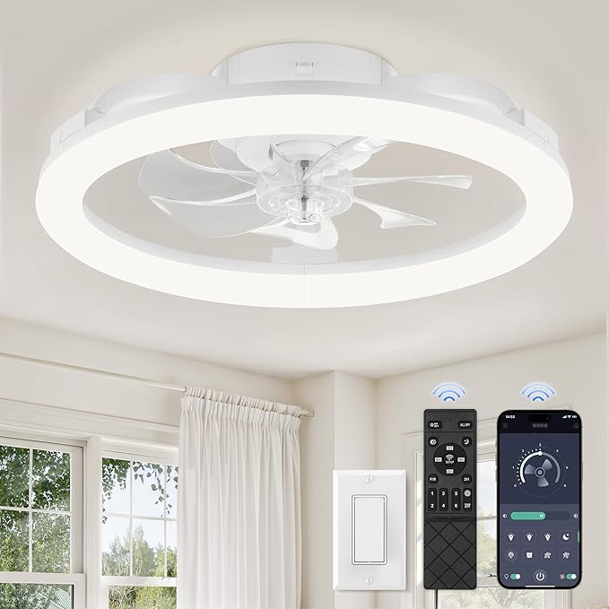 LEDIARY 20 Inch Low Profile Ceiling Fans with Lights and Remote, Dimmable Modern Fan Light(3000K-6000K), 6 Speed, Reversible, APP & Remote Control, Flush Mount Ceiling Fan for Bedroom, White