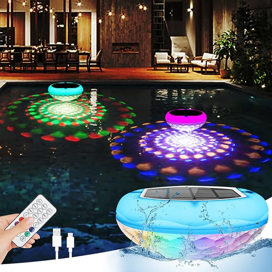 Pool Lights(1 PCS), Solar USB Rechargeable Floating Pool Lights, 6.69 Inch 2600mAh IP68 Waterproof 6 Dynamic Modes Upper and Lower Color Changing Hangable Solar Floating Light for Pools 1 PCS