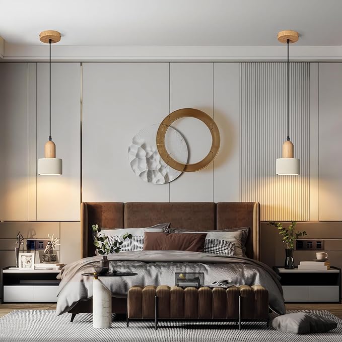 Modern Cement Pendant Lights White Chandelier Wooden Ceiling Lamps for Kitchen Island Bedroom Dining Room Living Room bar（2 Pack）