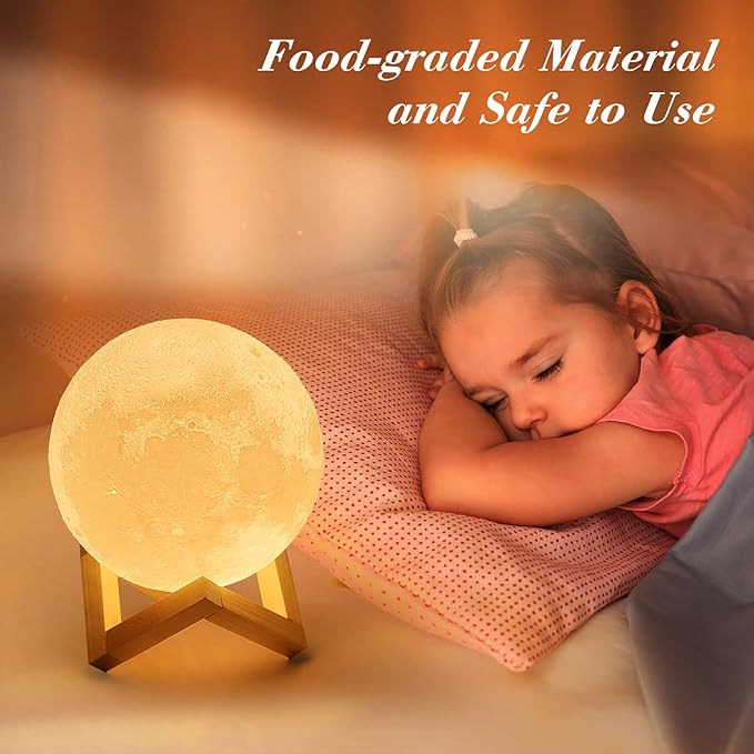 Mydethun Large Moon Lamp - 7.1" Large Valentine Table Décor, Gifts for Women and Mom, Touch-Dimmable Lamp with Wooden Base – Rechargeable Dual Color Night Light for Bedroom, Home