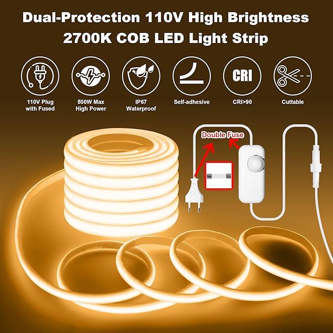 IP67 Waterproof COB LED Strip Lights AC 110V-120V Direct Plug, 100FT Super Bright Outdoor Strip Lights with Double Fuse Controller, 2700K Warm White LED Strips for Garden Patio Commercial Decor
