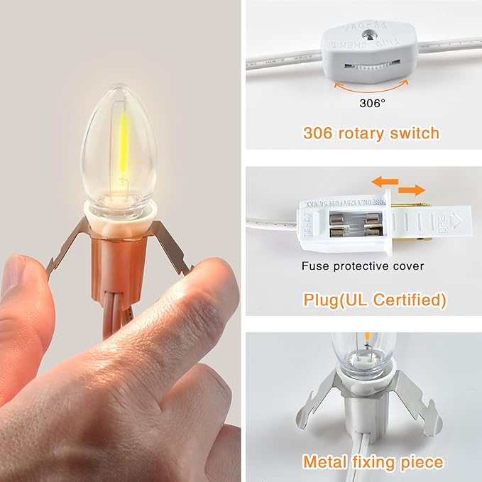 Accessory Cord with 12 Led Light Bulb, LED Light Bulb C7 Cord Clip Lights Christmas Cabin for Spring, Summer Party, Wedding, Patio Decorations,Christmas Village Houses Craft Decoration