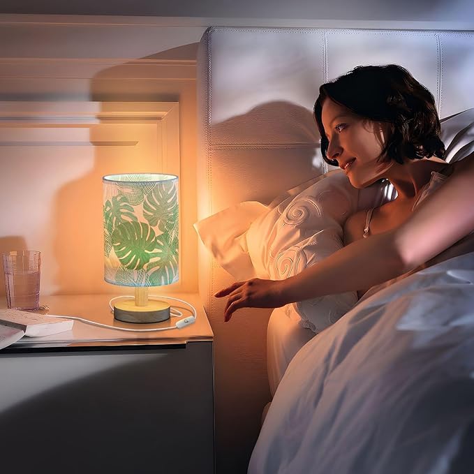 Monstera Leaf Tropical Leaves Jungle Foliage Table Lamp with Wood Base Fabric Lamp Shade Bedside Nightstand Desk Lamp for Living Room Bedroom Kids Room Office