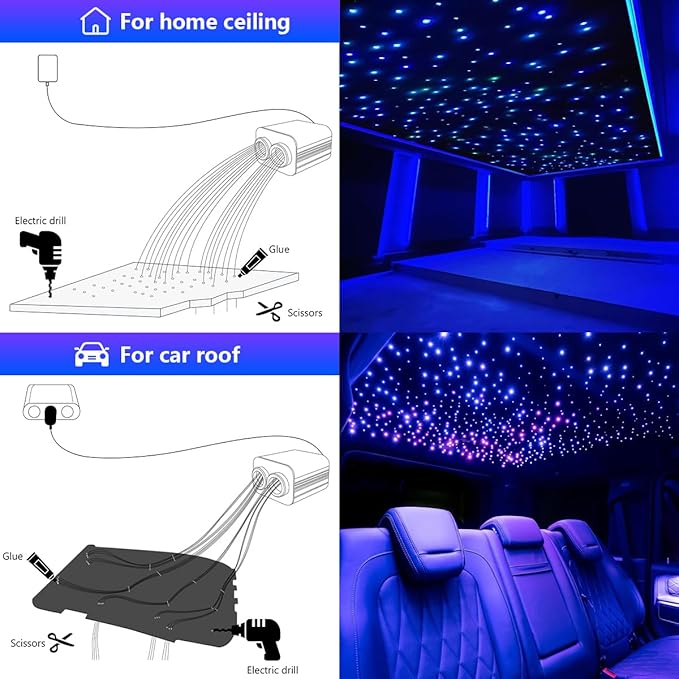 AMKI Twinkle 16w Fiber Optic Star Ceiling Light kit, 450pcs 0.03in 9.8ft Strands Starlight Headliner kit for Car Home Ceiling Decor Sound Activated Bluetooth/APP Remote Control RGBW Light Engine