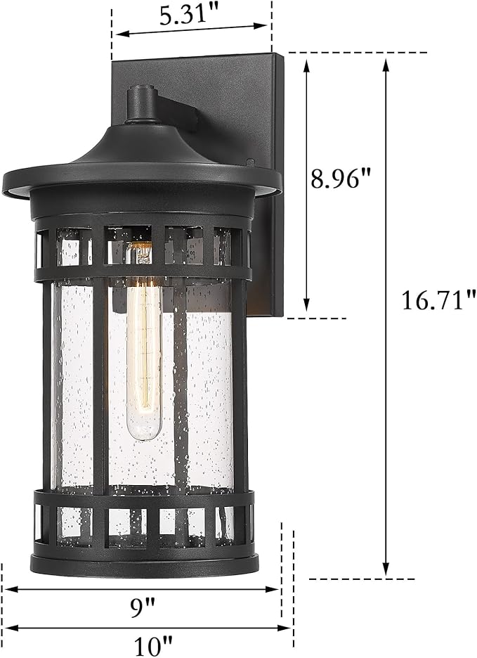 Outdoor Wall Sconce, Farmhouse Outdoor Wall Light with Seeded Glass, Waterproof Exterior Lighting Fixture, Anti-Rust Outside Lantern Lamp for Patio Yard Hallway Doorway Garage (Black,16.7 Inch Height)