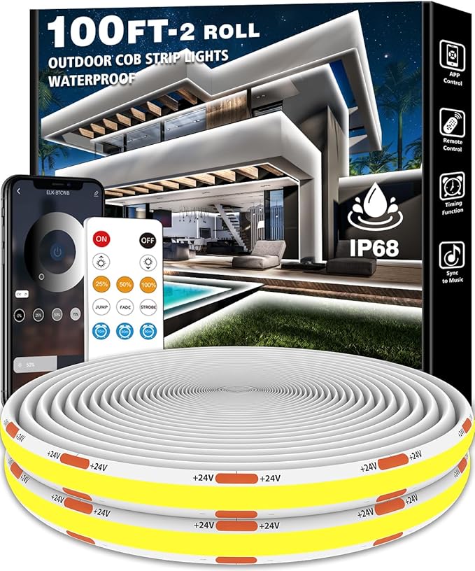 100ft COB Outdoor LED Strip Lights Waterproof,Dimmable 6500K Bright White,IP68 Outside Led Light Strips Waterproof with App Remote Control,Music Sync Exterior Led Rope Lights