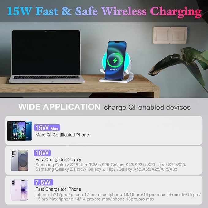 doopo Night Lights Bluetooth Speaker,Wireless Charger 15W with Phone Holder, Touch Control Bedside Lamp Dimmable with Dynamic Colored Music Light, Gifts for Teenage Girls Boys Room Decor