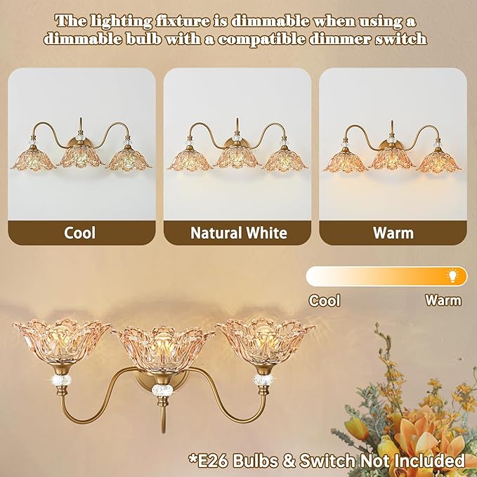 Vintage Bathroom Vanity Light, 3-Light Matte Deep Brass Finish Vanity Light with Flower-Shaped Amber Glass Shades, Retro Wall Sconce for Bathroom