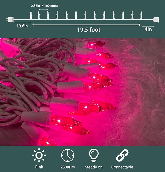 HISHINY Christmas Lights 100 Count Pink Christmas Tree String Lights with White Wire for Outdoor Indoor Christmas Decorations Wedding Decorations Valentines Day Decor,UL Certified (21feet)
