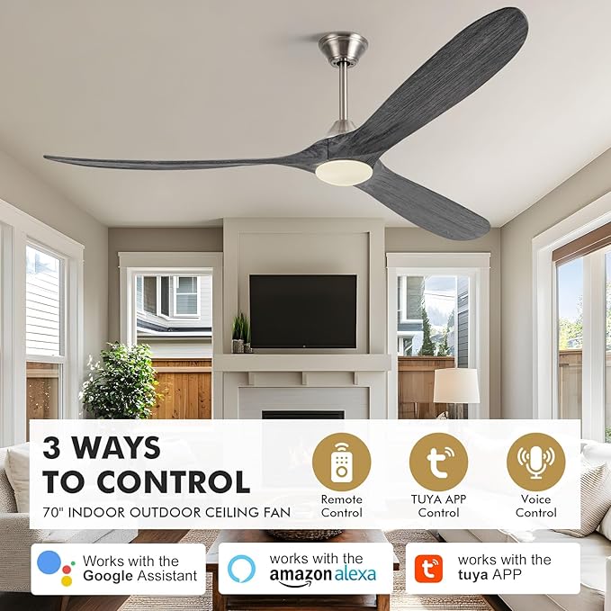 70" Outdoor Ceiling Fan with Light, Large Modern Alexa Smart Lighting & Ceiling Fans with App/Voice/Remote Control, 3 Wood Blade, Quiet Energy Efficient, for Indoor Exterior Patio Porch Bedroom Garage
