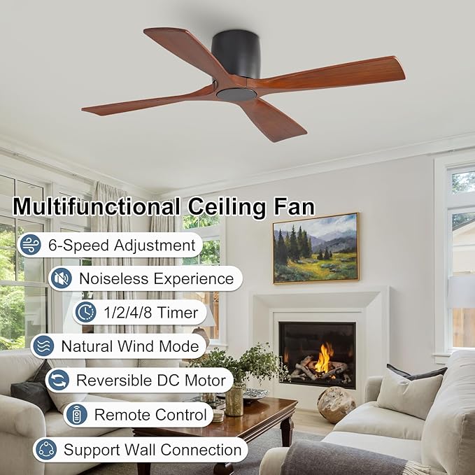 WINGBO Ceiling Fan no Light - 48 inch Solid Wood Flush Mount Ceiling Fan with Remote,4 Reversible Blades, 6-Speed Noiseless Powerful DC Motor, ETL Listed,Matte Black+Walnut