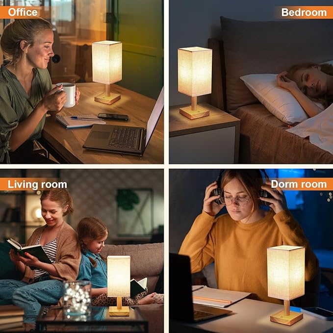 Small Cordless Touch Square Table Lamps Set of 2 with Stepless Dimming,Natural Wood Base&Linen Fabric Shade, Cordless Battery-Powered Ambient Night Lights for Bedroom, Bedside, Nightstand,Room,Nursery