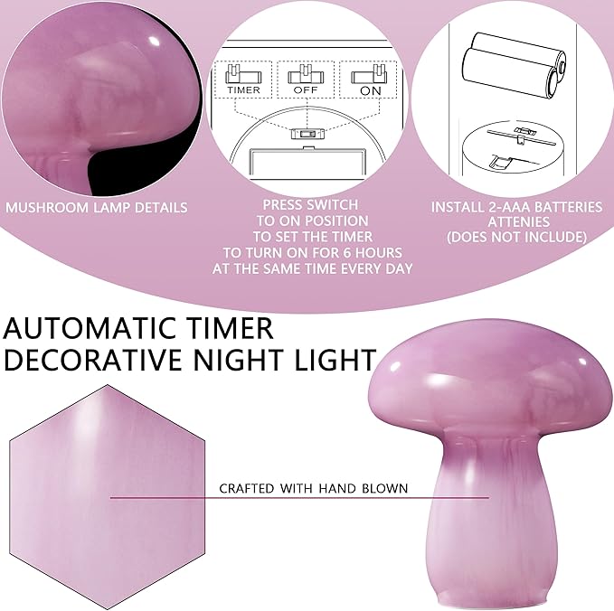 Mushroom Lamp Bedside Table Lamp, 7.0 inches, Semi Transparent Glass Table Lamp Suitable for Bedrooms, Living Rooms, Dining Rooms, Modern Style Aesthetic Cute Home Decoration (Purple)