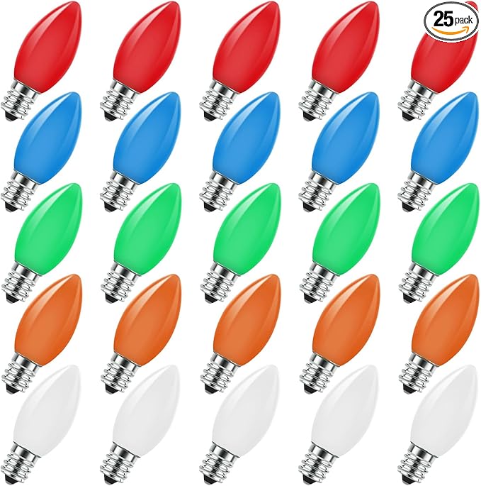 C7 Christmas Replacement Bulbs, 25 Pack Multicolor Ceramic Light Bulbs for Christmas Outdoor Indoor String Lights, E12/C7 Base, 5 Watt