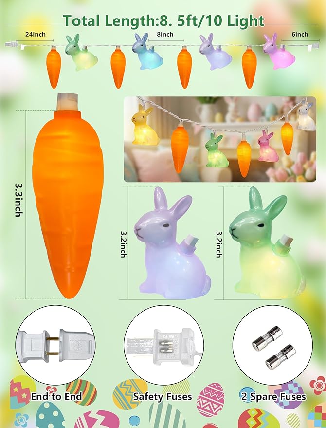 8.5Ft Multicolor Bunny and Carrot Easter String Lights, 10 LED Rabbit Carrot Fairy Lights Plug in, UL Listed Decorative Lights for Spring Easter Party Bedroom Window Wall Patio Garden Wedding Decor