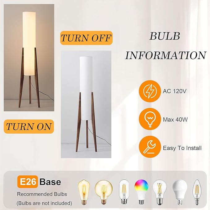 MIXL-Walnut Wood Finish Tripod Floor Lamp,Cylinder Shade Tall Standing Lamp,Rustic Living Room Floor Lamp,Vintage Style Standing Light for Bedroom Office