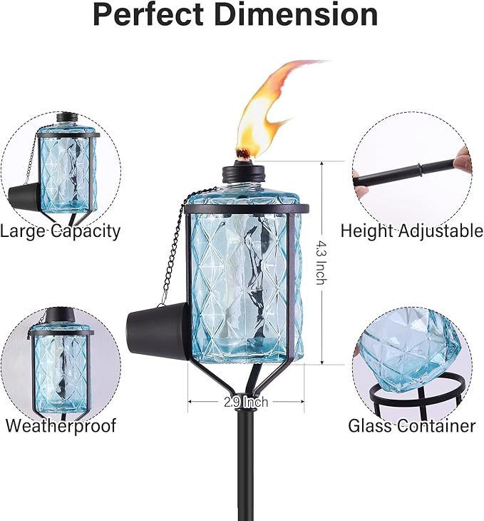 4 Pack Glass Citronella Torches, Modern Landscape Lanterns with 3-Prong Grounded Stake, Refillable Flame Light Torch for Garden Yard Patio Party Decor (Colorful)