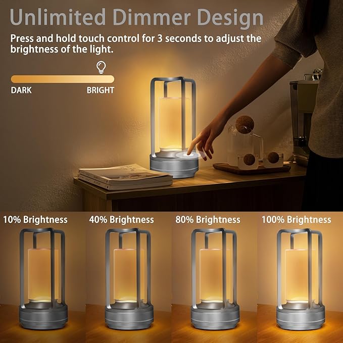 Cordless Rechargeable Table Lamps, Portable Lumisom Crystal Small Lantern Lamp with Touch Control & 3 Color Dimmable, 4000mAh Battery-Powered Klarako Crystal Desk Lanter for Outdoor Indoor (Silver)