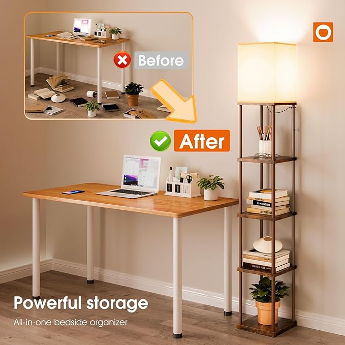 addlon 5-Tier Floor Lamp with Shelves, Standing Bookshelf Lamp with 3 Color Temperature, Corner Display Nightstand Lamp for Living Room, Bedroom and Office (70'' H, Brown)