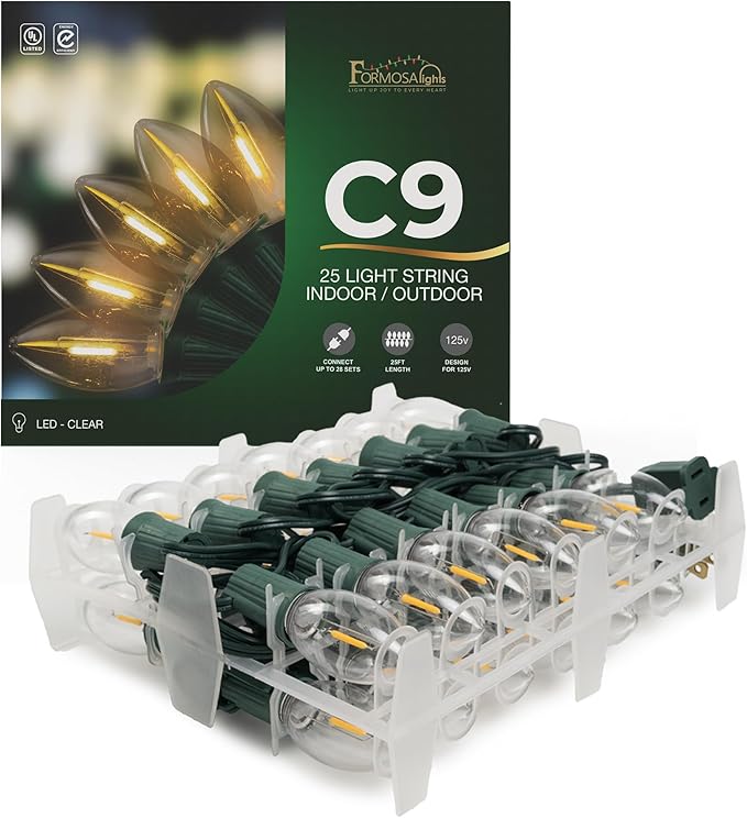 C9 26ft Indoor/Outdoor Clear LED Christmas String Lights with 25 Bulbs and E17 Base | 120V, 0.6W