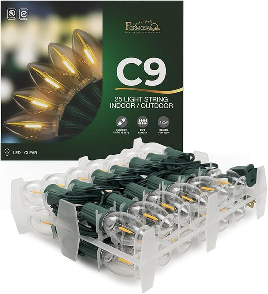 C9 26ft Indoor/Outdoor Clear LED Christmas String Lights with 25 Bulbs and E17 Base | 120V, 0.6W