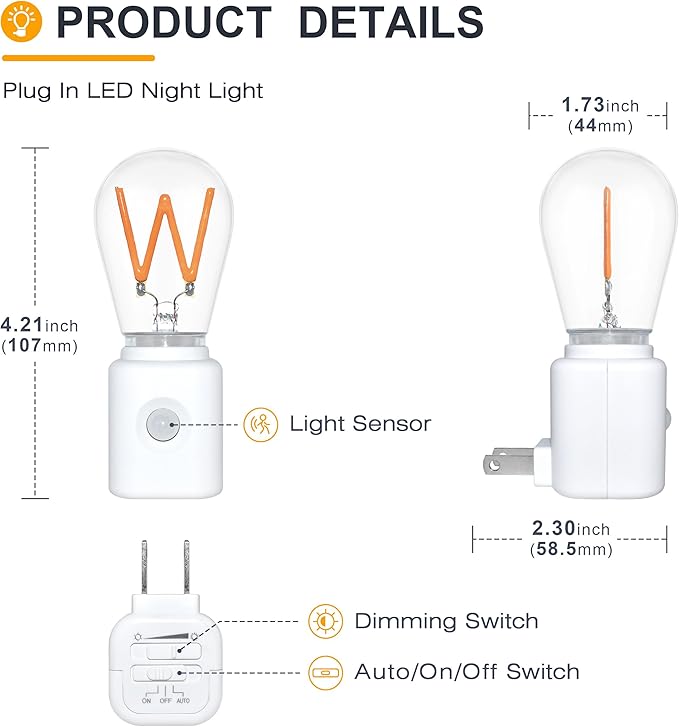 LED Night Light, Amber Nightlight, Dimmable Night Light with Motion Sensor, 10-100LM, 2200K W-Type Light for Kids Bedroom, Bathroom, 1-Pack