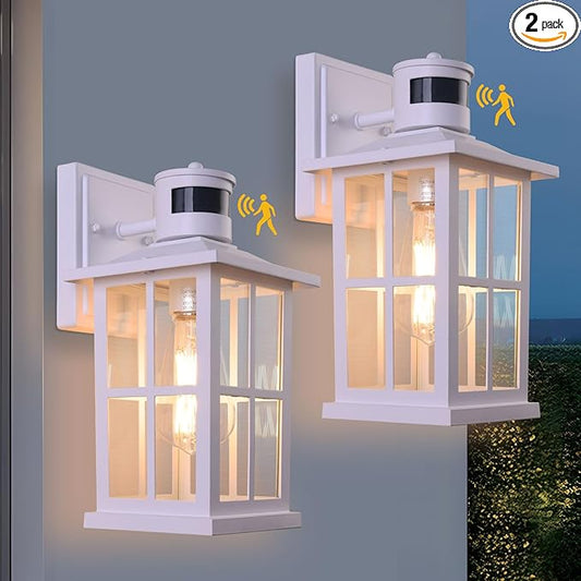 Outdoor Motion Sensor Light, Black Exterior Wall Lighting Fixtures,Dusk to Dawn Motion Sensor Outdoor Lights, Waterproof Front Porch Light Lantern for Garage, Patio. (White, 2 Pack)