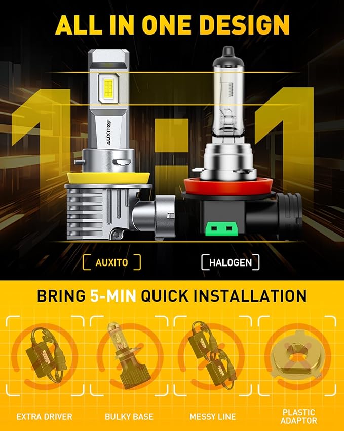 AUXITO H11 LED Bulb H8 Bulbs, 900% Brighter H8 H9 Light Bulbs, Plug N Play, Long Lifespan, No Flicker, 99% Compatibility, 2PCS